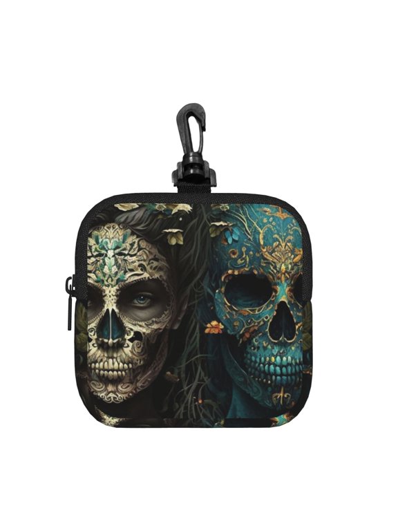 Skulls Gothic Day Of The Dead Skull Lovers Square Gear Pouch with Lobster Clasp Waterproof Tech Accessory Organizer, Key & Coin Case
