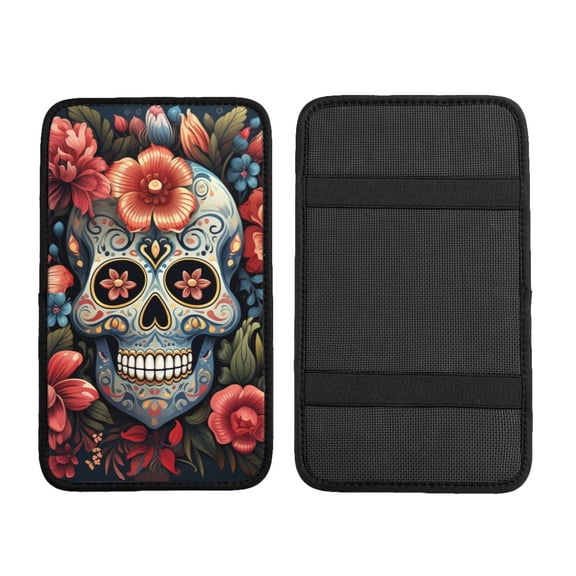 Skulls Gothic Skull Day Of The Dead Car Armrest Cover Center Console Pad - Neoprene Cushion with Elastic Straps Universal Fit for Vehicles SUV