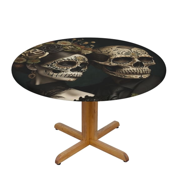 Skulls Lovers Day Of The Dead Fitted Round Tablecloth 90cm with Elastic Edge, Waterproof Table Cover Furniture Protector for Patio, Dining Room Restaurant