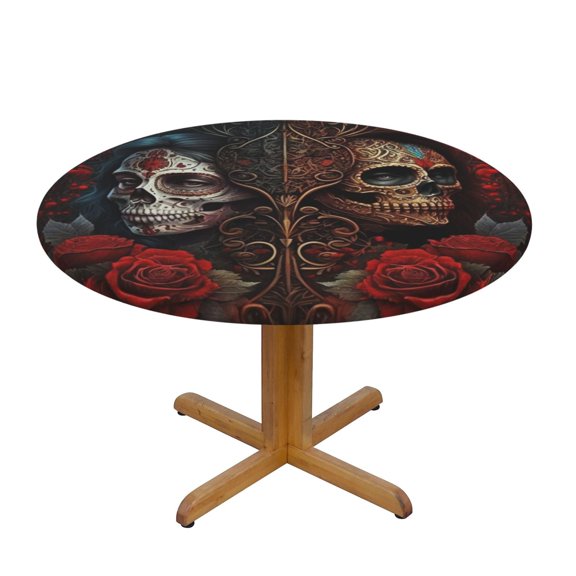 Skulls Lovers Day Of The Dead Red Roses Fitted Round Tablecloth 90cm with Elastic Edge, Waterproof Table Cover Furniture Protector for Patio, Dining Room Restaurant