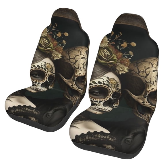 Skulls Lovers Day Of The Dead Car Seat Cover 2 Pcs Auto Front Bucket Seats Protector Cushion Universal Vehicle Truck SUV