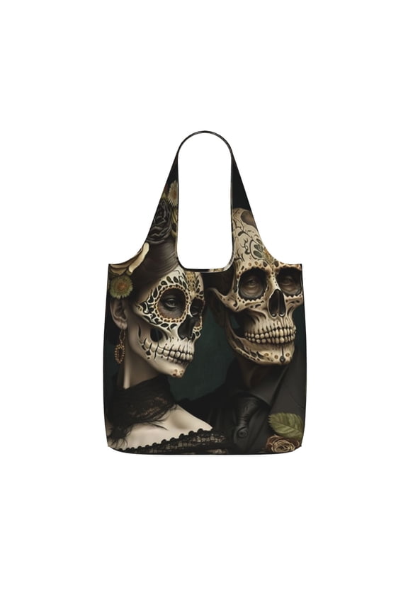 Skulls Lovers Day Of The Dead Foldable Reusable Shopping Bag Large Capacity Tote Handbag Storage Pouch for Travel Work
