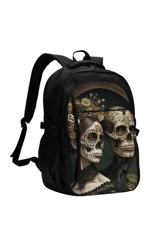 Skulls Lovers Day Of The Dead Laptop Backpack with USB Charging Headphone Port Casual Daypack Bag College Business Travel