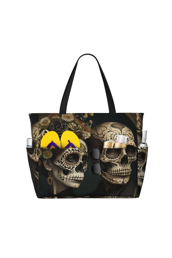 Skulls Lovers Day Of The Dead Large Capacity Beach Travel Tote Bag Shoulder Handbag for Gym Camping Shopping