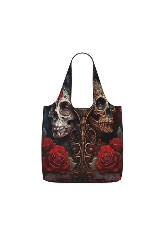Skulls Lovers Day Of The Dead Red Roses Foldable Reusable Shopping Bag Large Capacity Tote Handbag Storage Pouch for Travel Work