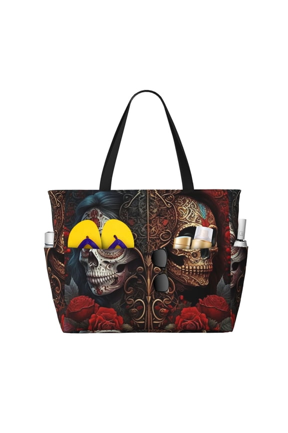 Skulls Lovers Day Of The Dead Red Roses Large Capacity Beach Travel Tote Bag Shoulder Handbag for Gym Camping Shopping