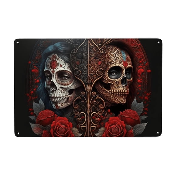 Skulls Lovers Day Of The Dead Red Roses Metal Tin Sign Home Coffee Room Kitchen Garden Wall Office Decor 8X12Inch