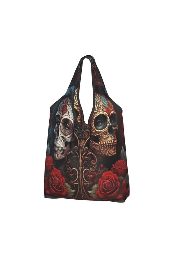 Skulls Lovers Day Of The Dead Red Roses Reusable Grocery Bags Shopping Totes Foldable Washable Pouch Handbag Storage Bag