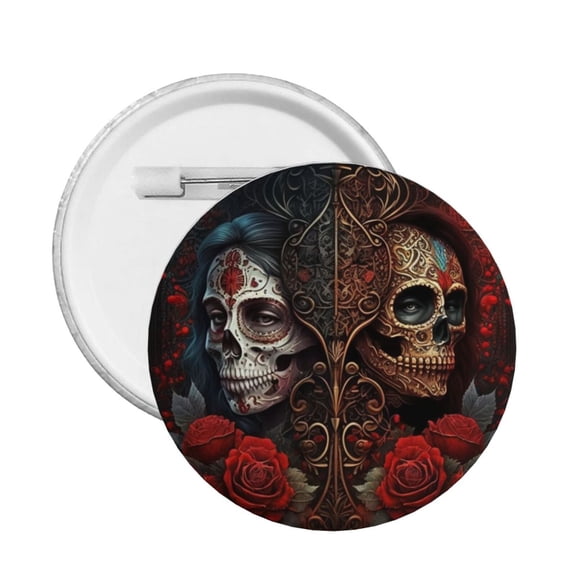 Skulls Lovers Day Of The Dead Red Roses Round Button Pin Badge 5PCS Pinback Buttons Lapel Pin for Jacket, Backpack, Hat, Party Favor, Gift