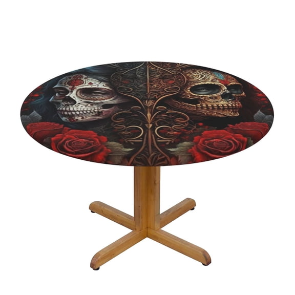 Skulls Lovers Day Of The Dead Red Roses Round Fitted Tablecloth Elastic Edged Table Cloth Waterproof Table Cover 48in