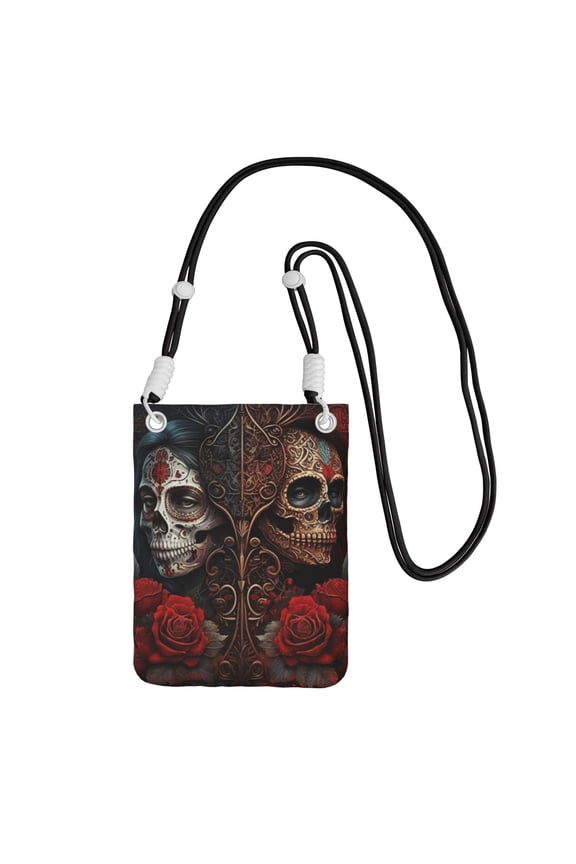 Skulls Lovers Day Of The Dead Red Roses Small Crossbody Phone Bag, Cell Phone Purse with Adjustable Removable Strap, Mini Travel Shoulder Pouch