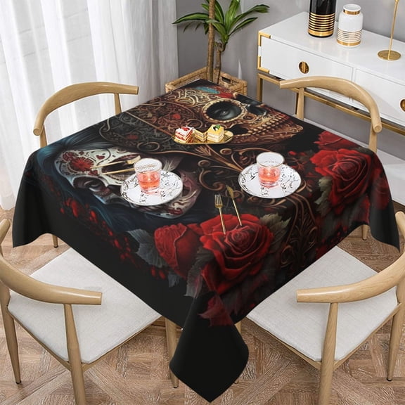 Skulls Lovers Day Of The Dead Red Roses Square Tablecloth 54x54 Waterproof Table Cover for Dining Table, Parties, Weddings, Picnics, Cafes