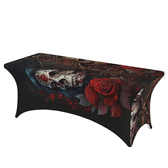 Skulls Lovers Day Of The Dead Red Roses Stretch Rectangular Table Cover 6FT Elastic Fitted Tablecloth for Parties, Weddings, Banquets
