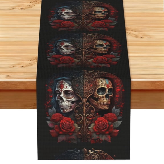 Skulls Lovers Day Of The Dead Red Roses Table Runner 13x72 Inch for Dining Table Kitchen Wedding Party Decor Fireplace Mantle