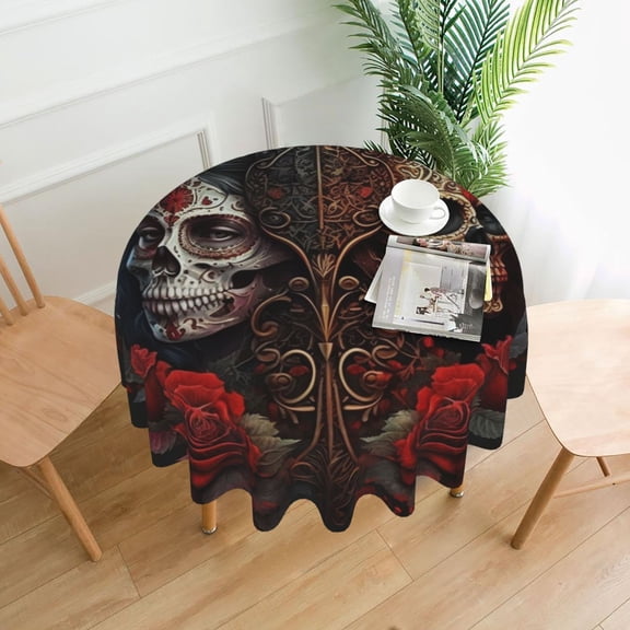 Skulls Lovers Day Of The Dead Red Roses Tablecloths Round 60 inch Fabric Table Cloth Cover for Dining Kitchen Wedding Party