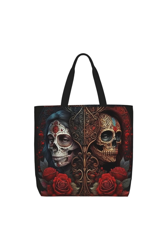 Skulls Lovers Day Of The Dead Red Roses Zippered Tote Bag Large Capacity Shoulder Handbag for Shopping, Work, Travel