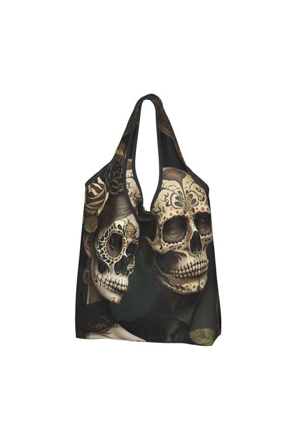 Skulls Lovers Day Of The Dead Reusable Grocery Bags Shopping Totes Foldable Washable Pouch Handbag Storage Bag