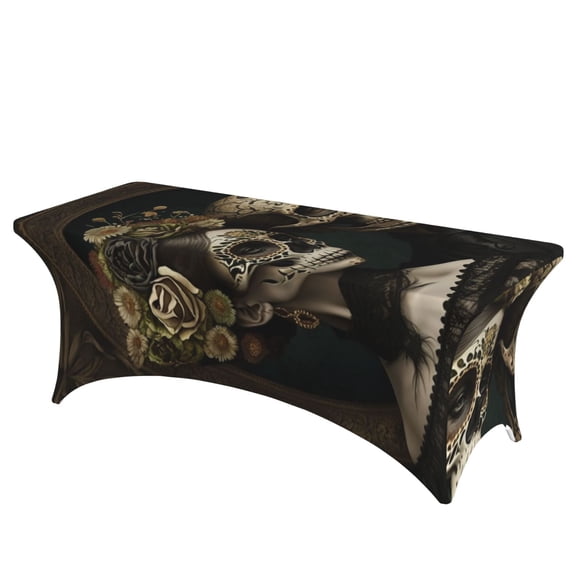 Skulls Lovers Day Of The Dead Stretch Rectangular Table Cover 6FT Elastic Fitted Tablecloth for Parties, Weddings, Banquets