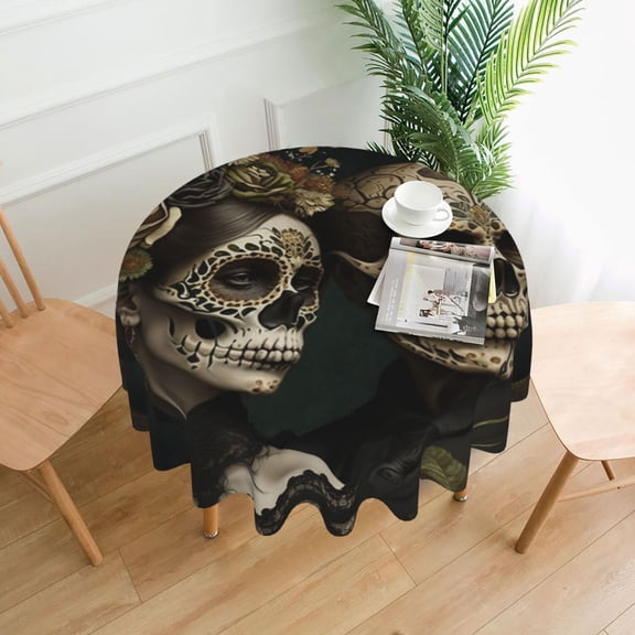 Skulls Lovers Day Of The Dead Tablecloths Round 60 inch Fabric Table Cloth Cover for Dining Kitchen Wedding Party