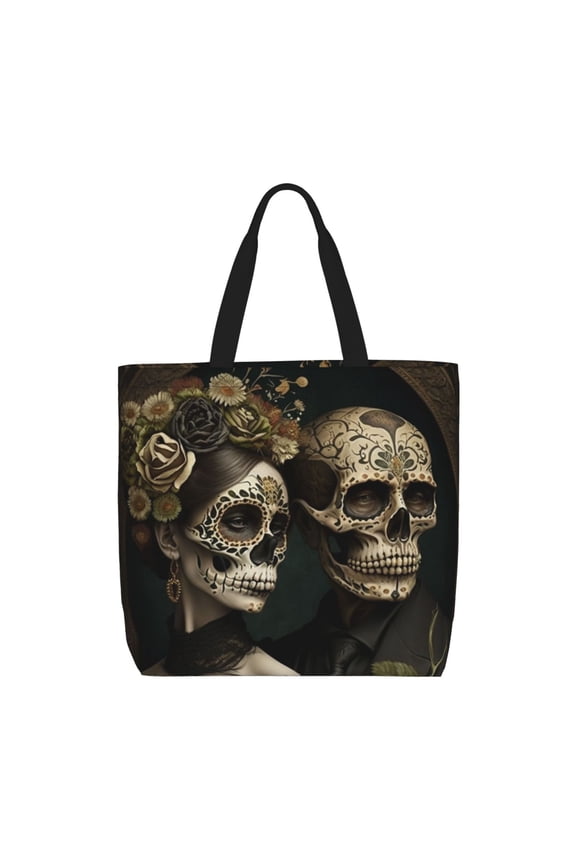 Skulls Lovers Day Of The Dead Zippered Tote Bag Large Capacity Shoulder Handbag for Shopping, Work, Travel