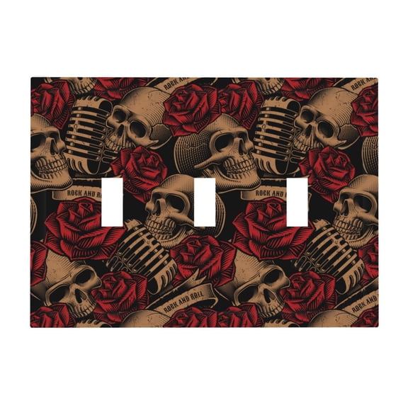 Skulls Microphones Roses Rock 3-Gang Wall Plate Modern Decorative Triple Toggle Switch Cover for Home & Commercial Use