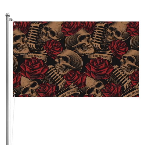 Skulls Microphones Roses Rock Double Sided Flag 3x5FT Reversible Garden Flag Outdoor Decor for House, Porch, Lawn, Yard, Indoor Wall, Party Decoration