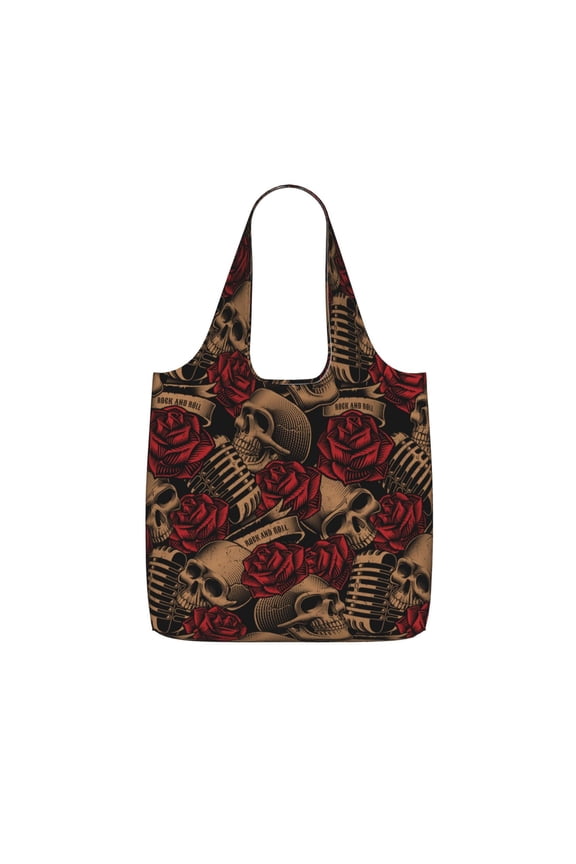 Skulls Microphones Roses Rock Foldable Reusable Shopping Bag Large Capacity Tote Handbag Storage Pouch for Travel Work