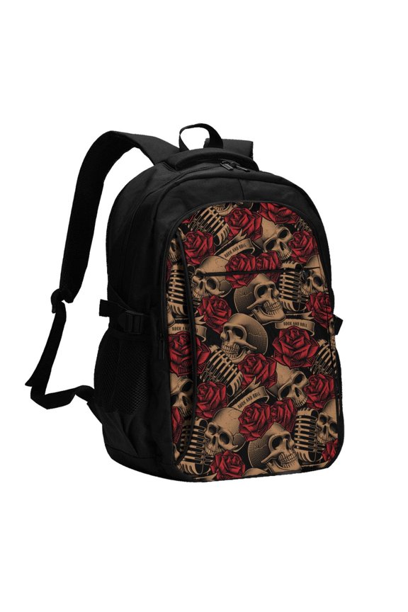 Skulls Microphones Roses Rock Laptop Backpack with USB Charging Headphone Port Casual Daypack Bag College Business Travel