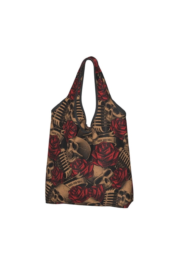 Skulls Microphones Roses Rock Reusable Grocery Bags Shopping Totes Foldable Washable Pouch Handbag Storage Bag