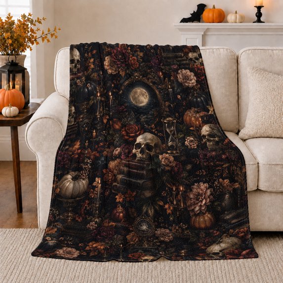 Skulls with Moon and Autumn Pumpkins, Dramatic Gothic Style for Gothic Fans, Harvest Still Life Motif and Housewarming Gift, Cozy Flannel Blanket for Bedroom and Home Library, Dark Home Decor