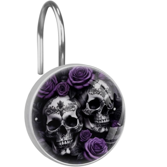 Skulls and Purple Rose 12 Pack Shower Curtain Hooks, Decorative Shower Rings for Shower Curtain Rods, Stainless Steel, Rust Resistant, Round Curtain Hooks for Bathroom