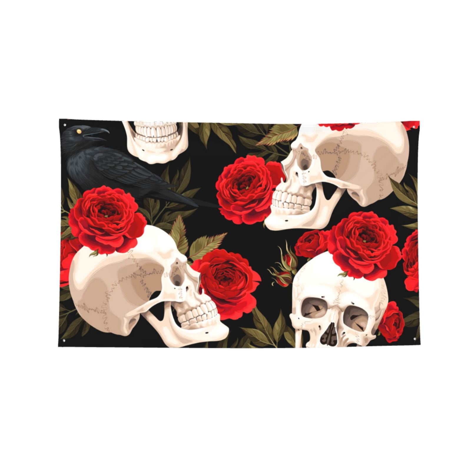 Skulls Red Roses Raven Four Hole Decorated Banner Flag for Garden Yard Home Decoration Indoor Outdoor 4x6 Ft