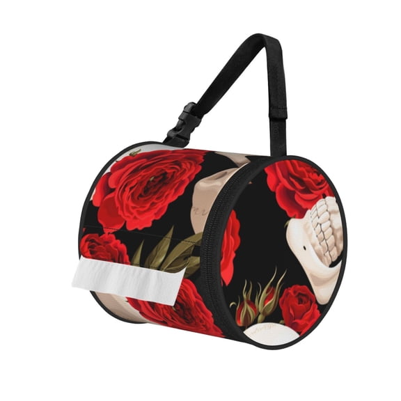 Skulls Red Roses Raven Portable Cylinder Toilet Paper Holder Tissue Dispenser Hanging Storage Bag with Strap