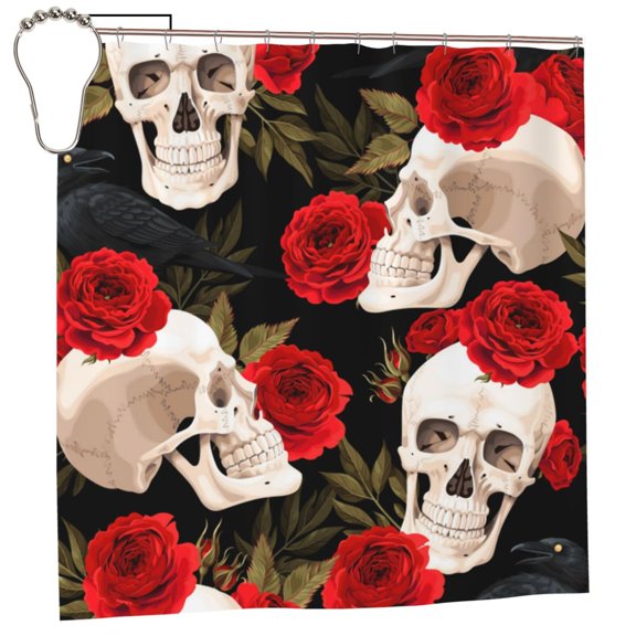 Skulls Red Roses Raven Shower Curtain with 12 Iron Hooks Washable Polyester Fabric Bathroom 72x72 Inch