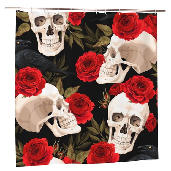 Skulls Red Roses Raven Shower Curtain with 12 Plastic Hooks Washable Polyester Fabric Bathroom 72x72 Inch