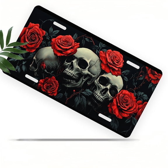 Skulls and Roses Front License Plate, Metal License Plate, Funny Standard Plates Personalized Novelty Decorative For Men/Women/Boys/Girls Car 6×12 Inch