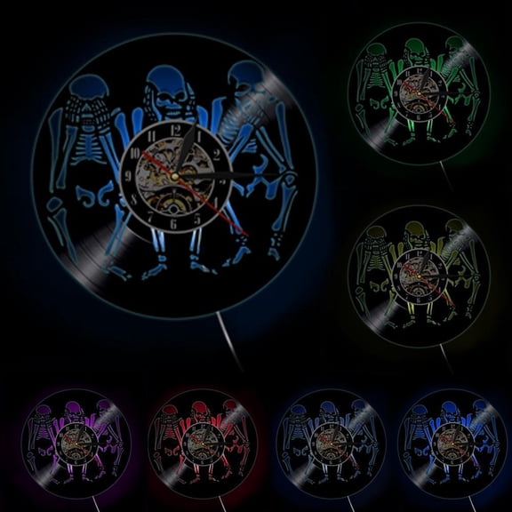Skulls See No Hear No Speak No Evil Wall Clock Wisdom of The Skulls Wall Art Vinyl Record Clock Halloween Decorative Timepiece With LED