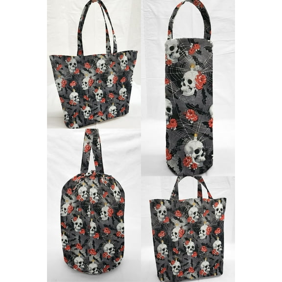 Skulls Webs & Roses Reusable Fabric Gift Bags and/or Tote Bags (Drawstring Tote)