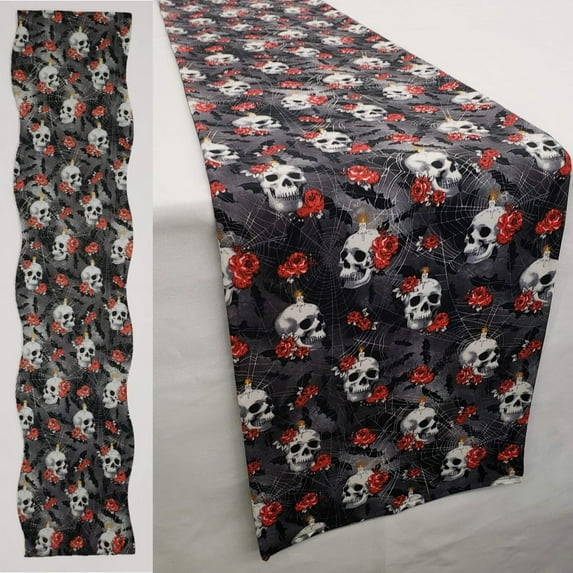 Skulls Webs & Roses Table Runner by Penny's Needful Things (4 Feet Long - SCALLOPED)