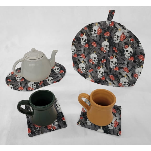 Skulls Webs & Roses Tea Pot Cozy & Coaster Set