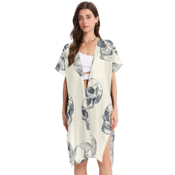 Skulls Women Swimsuit Cover up V Neck Beach Dress Short Sleeve Vacation Outfits Swimwear