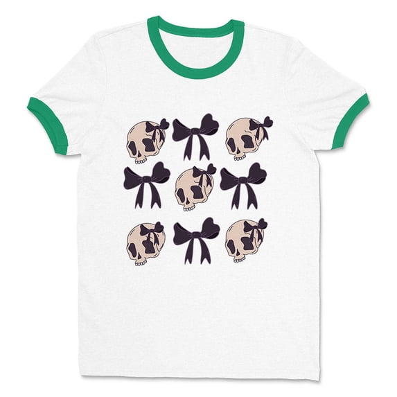 Skulls and Bows Ringer Tee Shirt Unisex Small White/Kelly Green