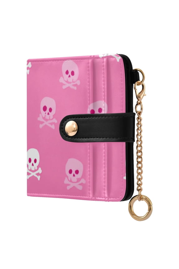 Skulls and Crossbones Pink Background Women's Wallet PU Leather Card Cases RFID Blocking Purse Billfold with Key Ring