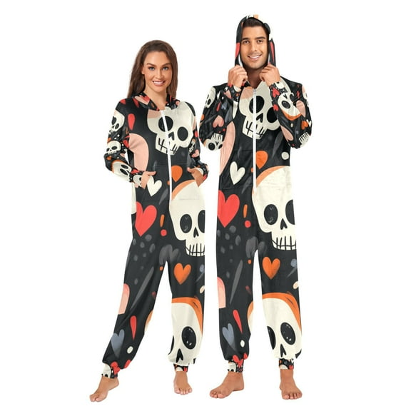 Skulls and Hearts Adult Onesie Pajamas Slim Fit Christmas One Piece Suit Pjs for Women and Men Hooded Zipper