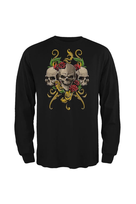 Skulls and Roses Mens Long Sleeve T Shirt Black 2XL