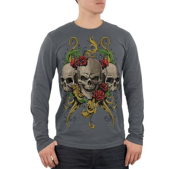 Skulls and Roses Tattoo Mens Soft Long Sleeve T Shirt Grey X-LG