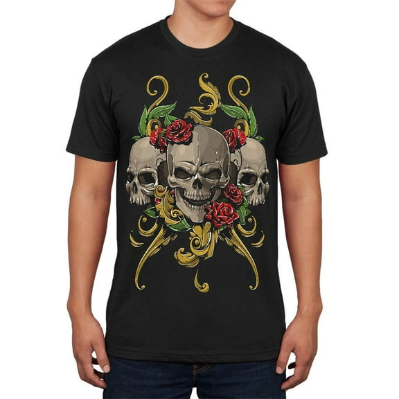 Skulls and Roses Tattoo Mens Soft T Shirt Black LG