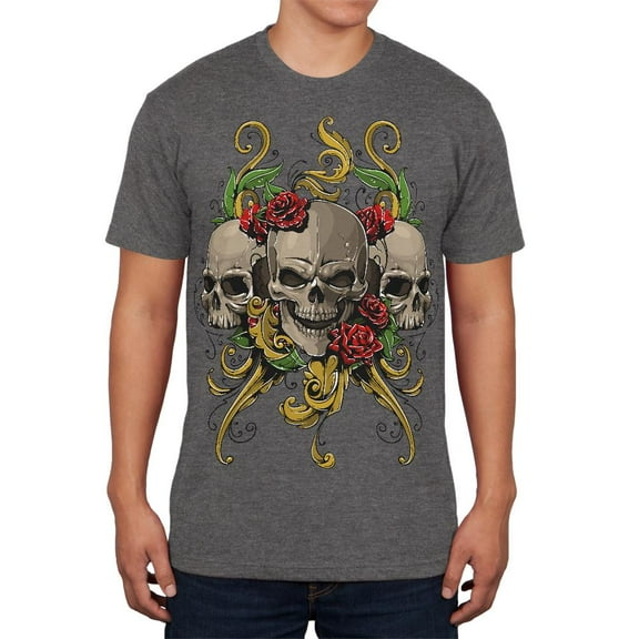 Skulls and Roses Tattoo Mens Soft T Shirt Charcoal 2XL