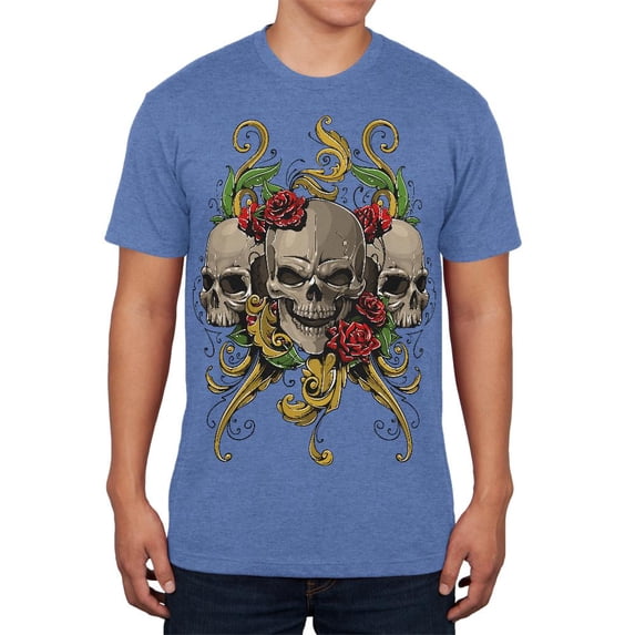 Skulls and Roses Tattoo Mens Soft T Shirt Heather Royal 2XL