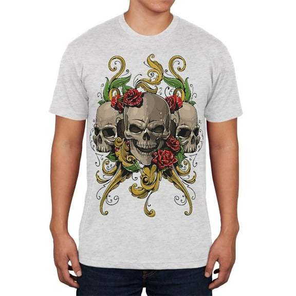 Skulls and Roses Tattoo Mens Soft T Shirt Heather White X-LG
